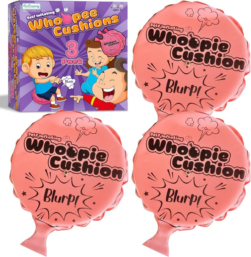 Art Creativity Self Inflating Whoopie Cushion Set - 3 Pack - 7 Inch Whoopee Cushions for Rib Cracking Fart Sounds - Classic Prank Toys for Boys and Girls - Party Favors and Gag Gifts for Kids - Image 1